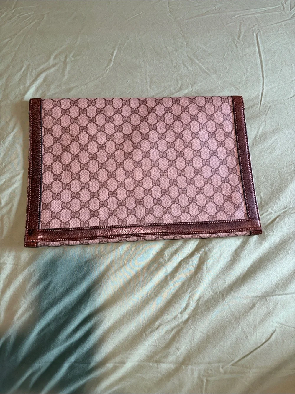 Gucci Beige GG Supreme Envelope Clutch with Brown Leather Trim